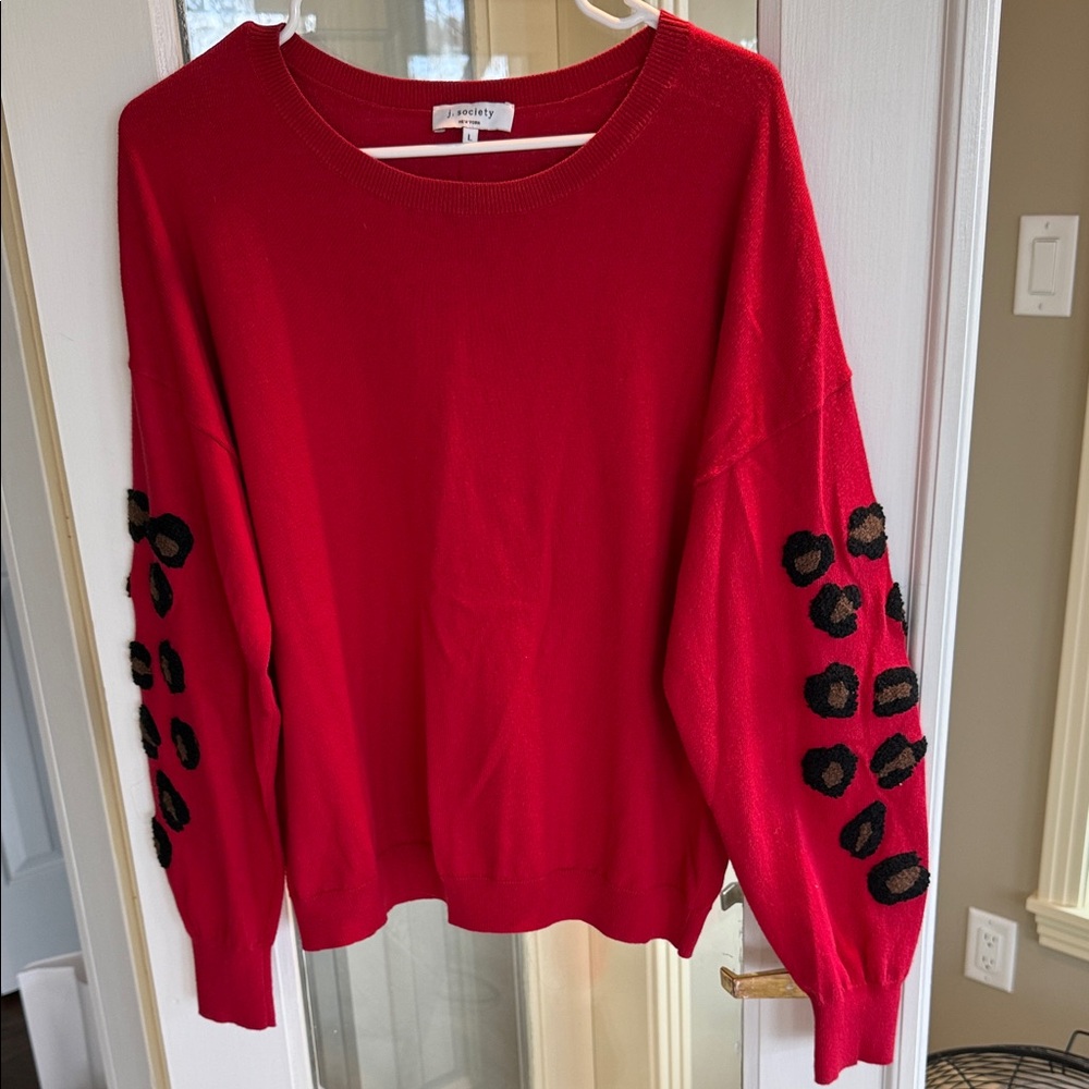 Red Crew Neck Sweater with Black Sleeve Accents